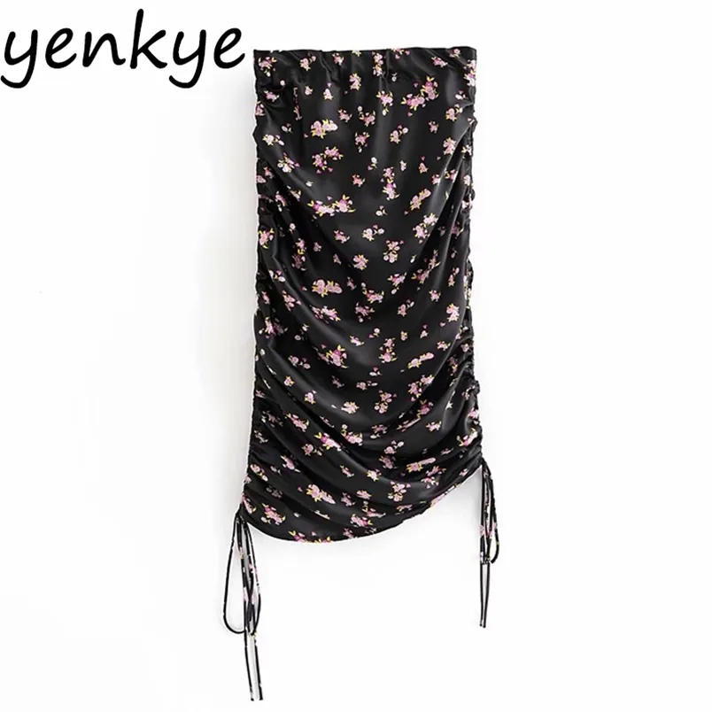 Vintage Black Floral Print Side Drawstring Skirt Women High Waist Draped Bodycon Sexy jupe femme Asymmetric Summer 210514