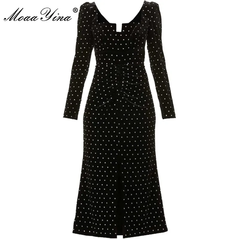 Fashion Designer Summer Polka Dots Imprimer Robe longue Femme Manches noires Robes de soirée élégantes 210524