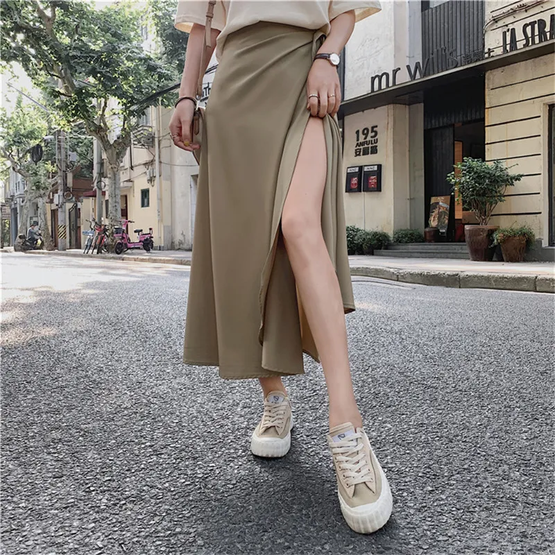 Comelsexy Summer Vintage Long Beach Skirts Womens Solid High Waist Lace Up Chiffon Skirts Femme 11 Colors 210515