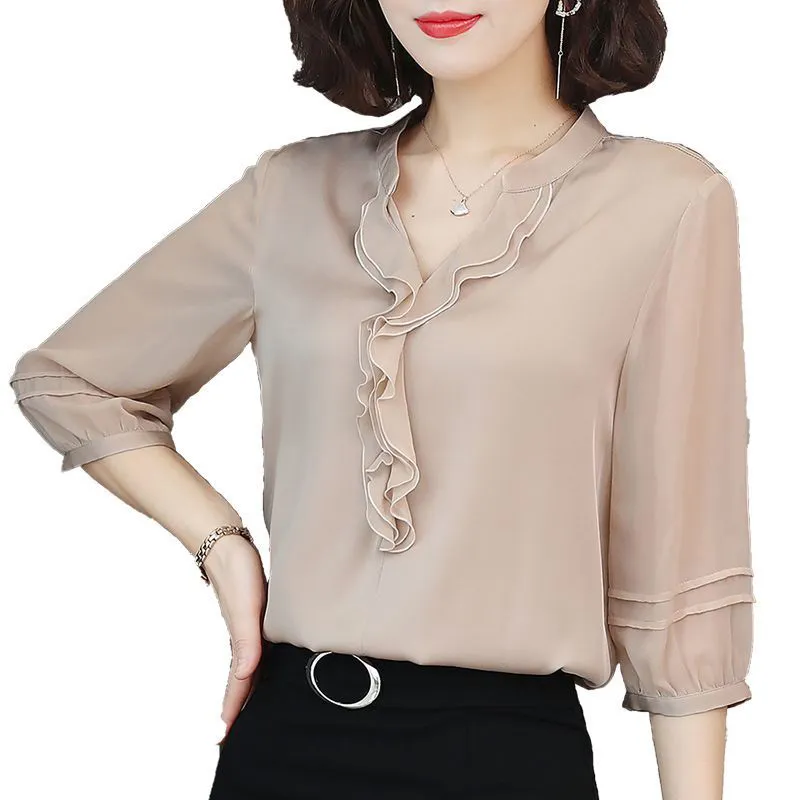 Designs Women Spring Summer Style Lady Casual Half Lantern Sleeve Chiffon Blouses Shirts V-Neck Ruffles Decor Blusas Tops 5XL xl