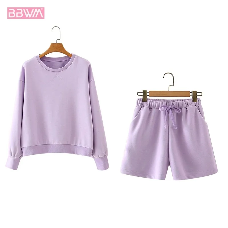 French Fashion Purple Wild Casual Hooded Chic Women's Sweatshirt + Straight Loose Thin Elastic Waist Running Female Pants 210507
