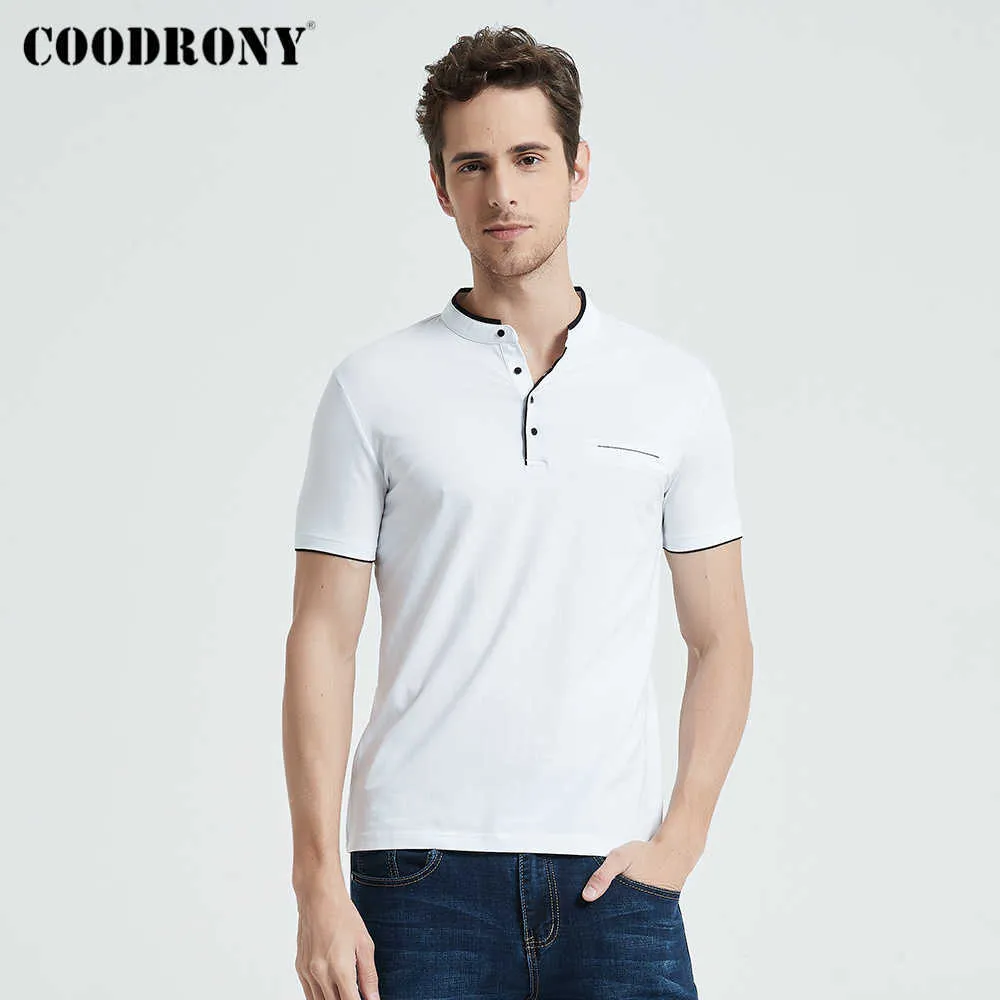 Coodrony Mandarin Collier à manches courtes T-shirt Hommes Printemps Summer Hommes Top hommes Marque Vêtements Slim Fit Coton T-shirts S7645 210707