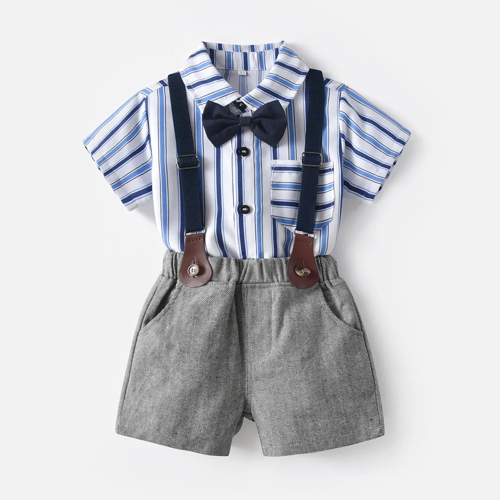 2021 Été Bébé garçon Vêtements Ensembles Bow Cravate Striché Chemise à manches courtes + Chaugeons 2 pièces Coton costume