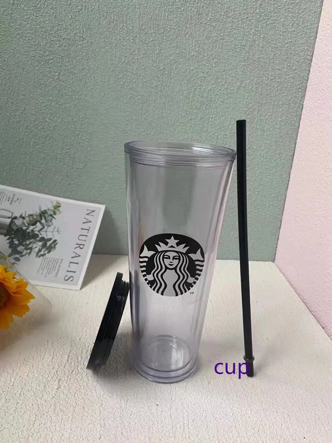 Starbucks 20 pieza 24 oz / 16oz Double pl￡stico taza de fondo Taza de la diosa Tapa de regalo Reutilizable Transparente Tumblers Paja