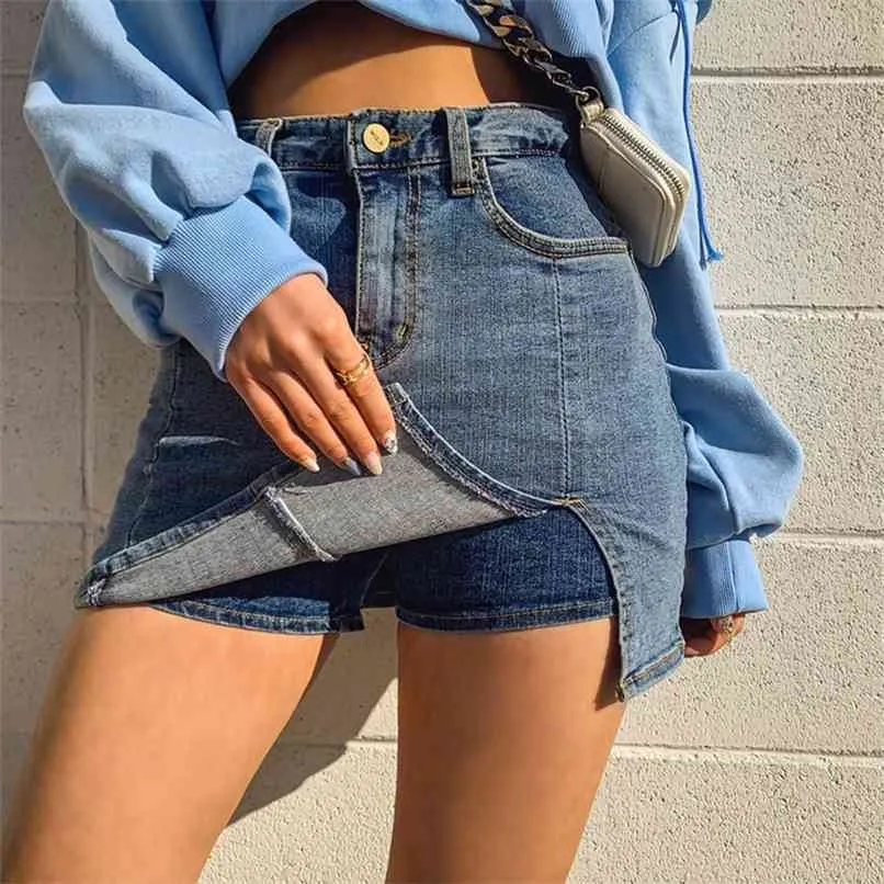 Rok shorts sexy mini korte vrouwen denim hoge taille side spleet slanke koreaanse chique mode streetwear 210601