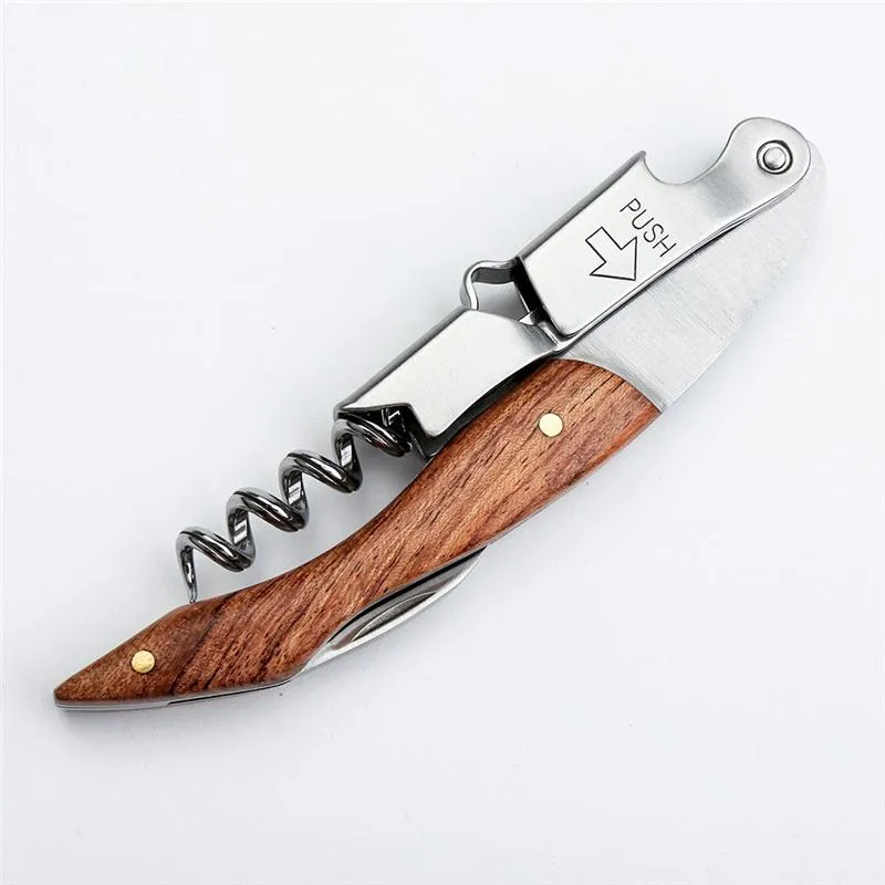 Stainless Steel Corkscrew Wine Key Beer Bottle Opener Foil Cutter Wood Handle Openers Waiter`s Wine Knife Corkscrews Sommelier LX4604