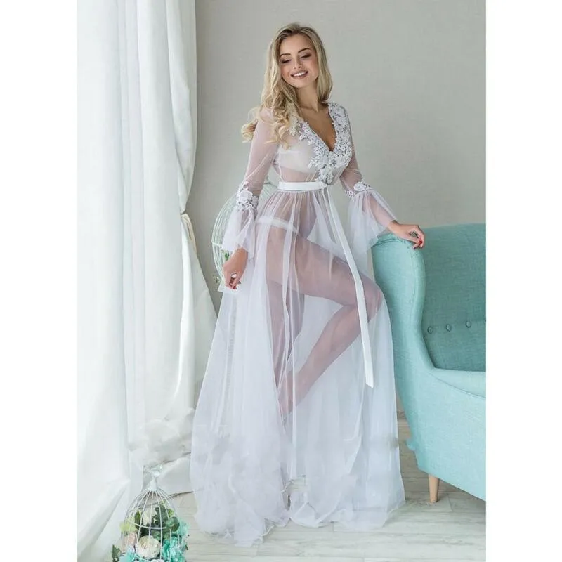 Kobiety Sukienka Głęboka Koronka BabyDoll Przeglądaj przez Damskie Kwiatowe Długie Sukienki Dla Nightwear Casual