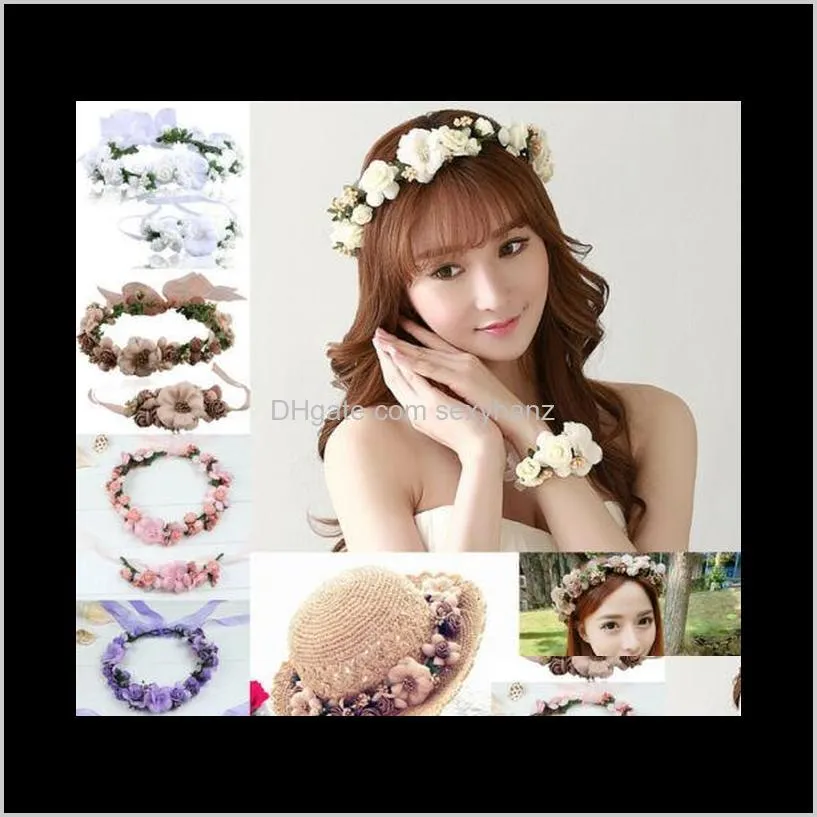 fashion women wedding bridal flower tiara wreath headbands floral wreath crowns garland+ bracelet beach party headdress