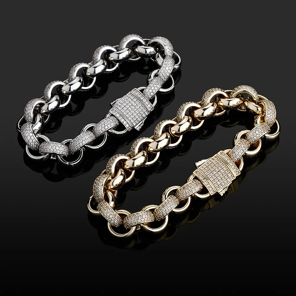 Новая модная шарм высококачественный браслет CZ со льдом в белом золоте 12 мм с весенним кольцом Clasps Hip Hop Part