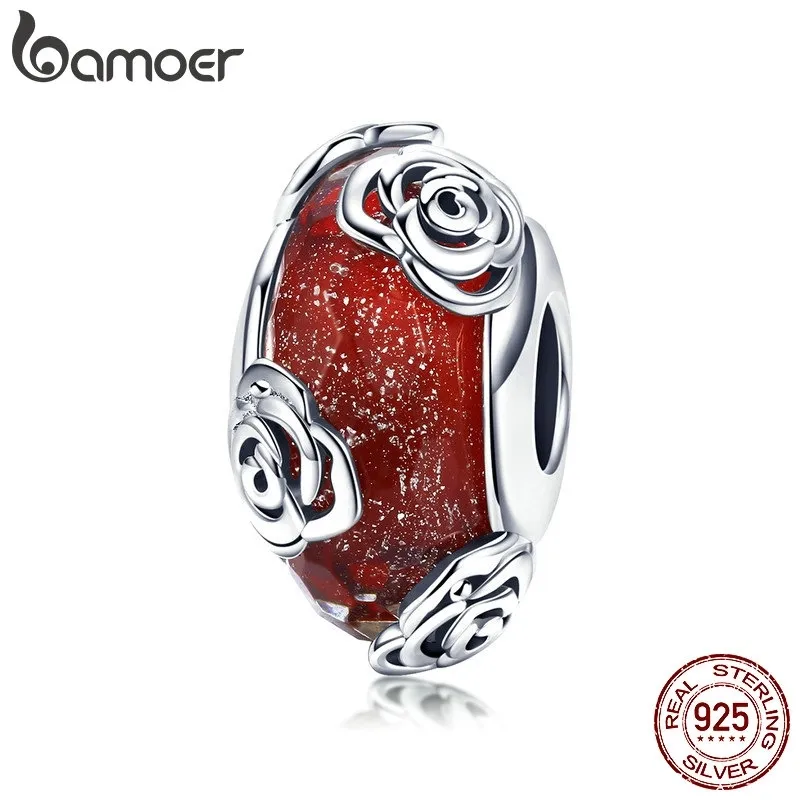 Bamoer Real 925 Sterling Silver Rose Kwiat Europejski Koraliki szklane Fit Bransoletki Urok Bransoletki DIY Akcesoria Biżuteria SCC1030