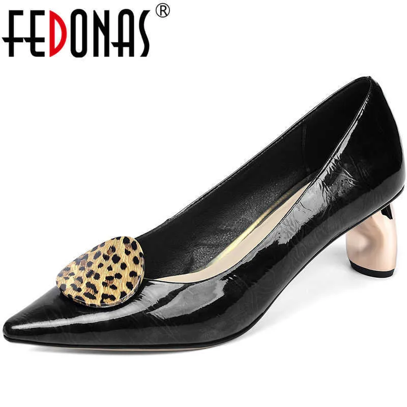 Leopard Print Spring Summer Patent Leather Strange Heels Pumps Point Toe Women Shoes Brand Elegant Woman 210528