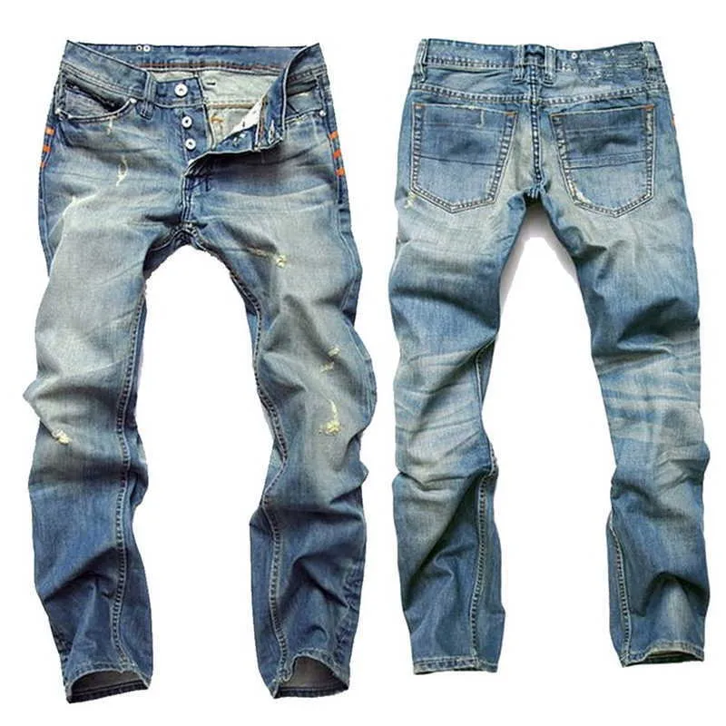 Mode Hommes Bleu Clair Distressed Washed Denim Jeans Vintage Droite Slim Fit Hommes Cowboys Pantalon Bouton Mâle Jean Pantalon X0621