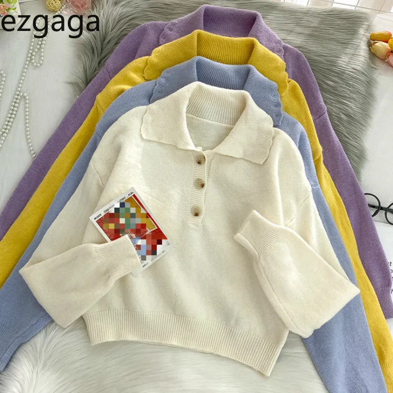 Ezgaga Preppy 스타일 달콤한 스웨터 풀오버 여성 겨울 새로운 한국어 턴 다운 칼라 outwear 고체 느슨한 숙 녀 니트 탑 210430