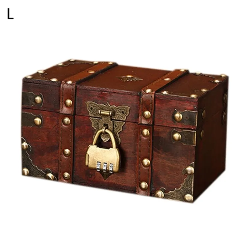 Retro Skrzynia skarbów z zamkiem Vintage drewniane przechowywanie pudełko antyczne styl biżuteria 211102