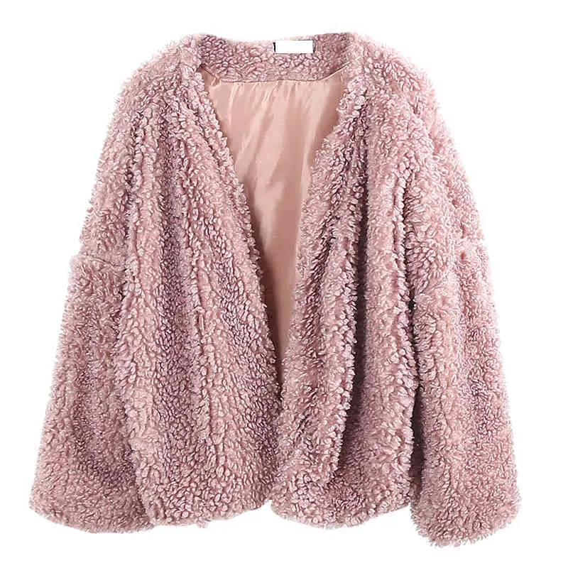 Women Faux Lambswool Oversize Teddy Jacket Coat Winter Warm Autumn Outerwear Pink Black White C0012 210514