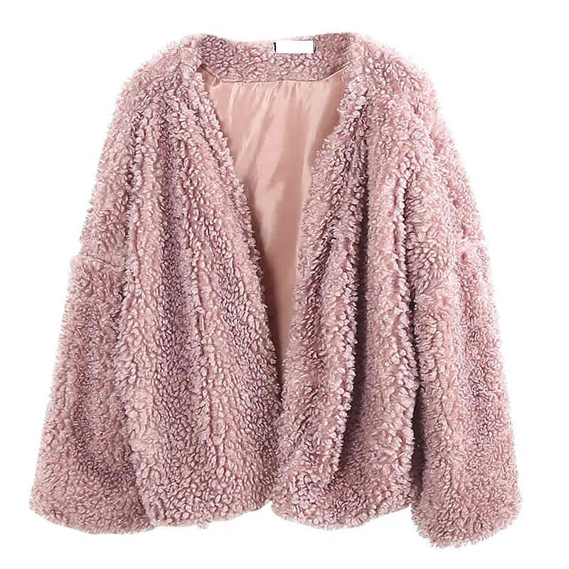 Dames Faux Lambswol Oversize Teddy Jas Jas Winter Warm Herfst Bovenkleding Roze Zwart Wit C0012 210514