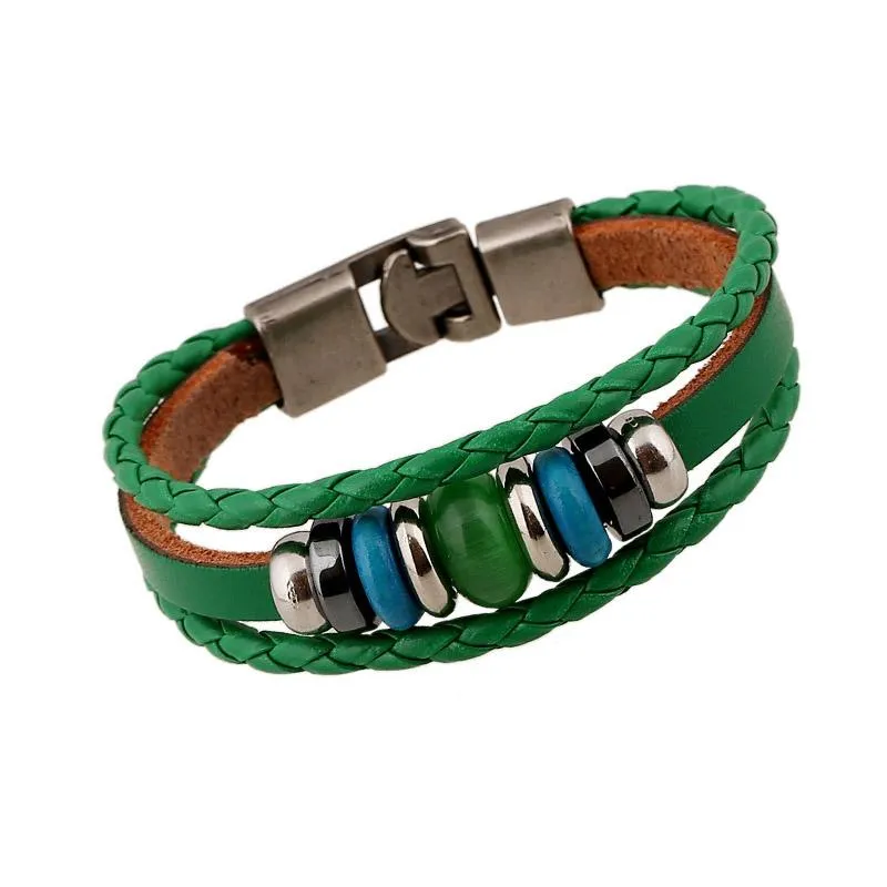 Tennis Green Pulseras de cuero genuino Multi Beads Brazaletes trenzados manuales Fit Mujeres Hombres Cierre de aleación de zinc Pulseras Accesorios