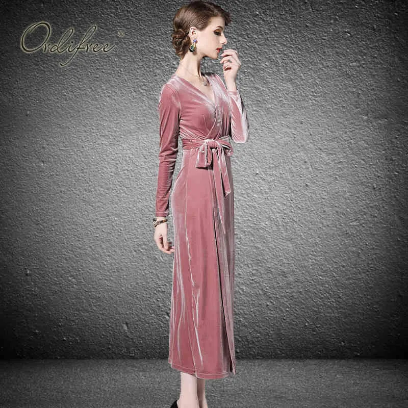 Vintage Women Autumn Sleeve Elegant Party with Belt Runway Retro Pink Sexy Maxi Long Velvet Dress 210415