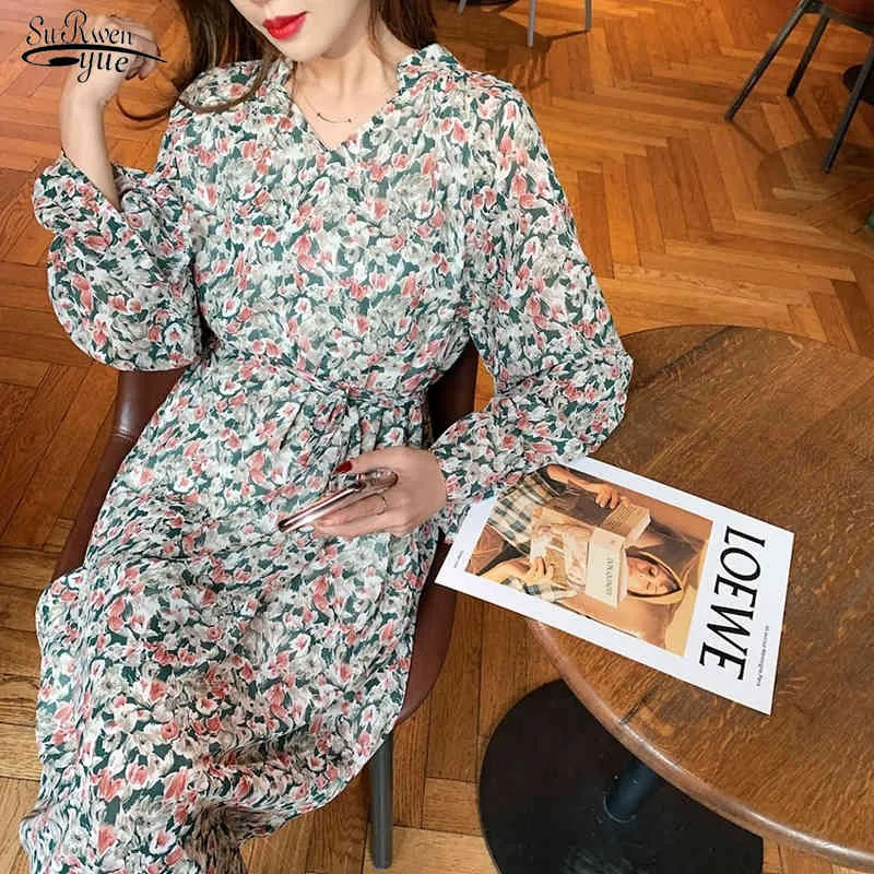 Spring V-neck Vintage Dress Women Korean Style Floral Print Casual es Long Sleeve Chiffon Vestidos Mujer 13195 210521