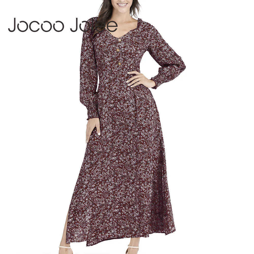 Jocoo Jolee Summer Long Sleeve Floral Print Chiffon Dress Elegant V Neck Long Sleeve High midja Split Long Dress Beach Dress 210619