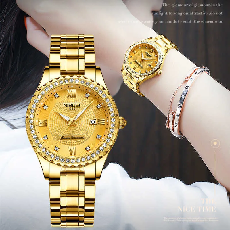 Nibosi Women Watches Top Brand Luxury Gold Ladies Watch Rostfritt Stål Band Classic Armband Kvinnlig Klocka Relogio Feminino 210616