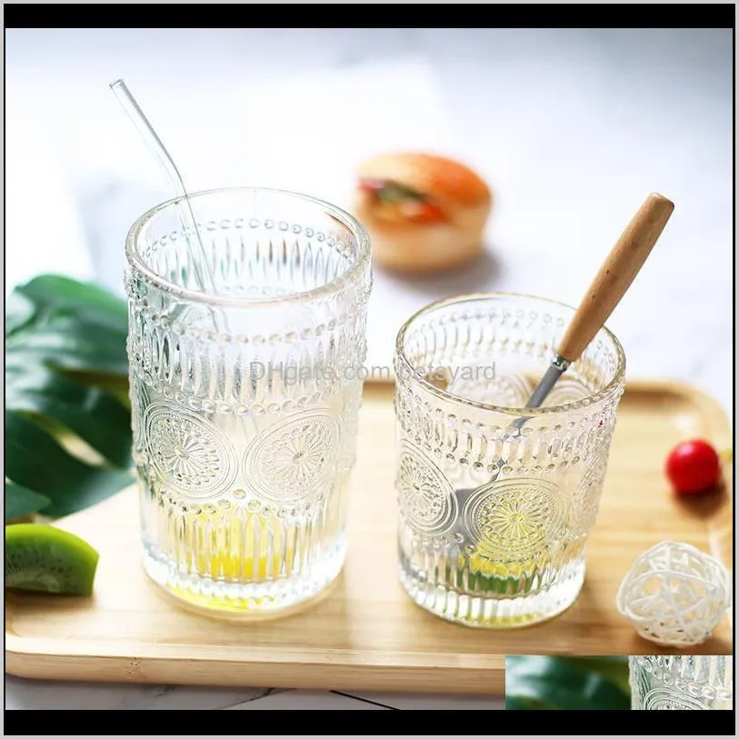 creative ins simple relief retro sun flower phnom penh thick non-slip glass water cup milk drinking brushing wine glasses