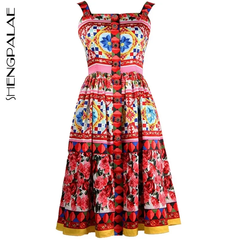 Designer Women's High Quality Colourful Flower Printed Crystal Button Spaghetti Strap Knee-length Dress ZA3832 210427