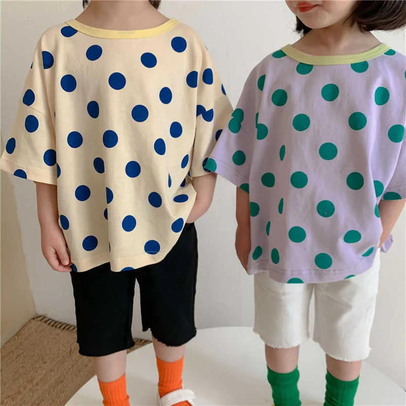 Summer Korean style boys girls dot short sleeve loose t shirts unisex kids soft cotton casual Tee 210615