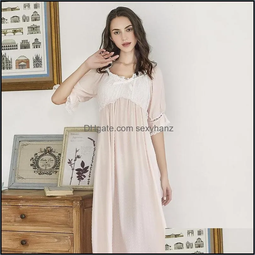 Women`s Sleepwear Nightgown Women Cotton Lace Long Dress Romantic Summer Princess Sweet Style