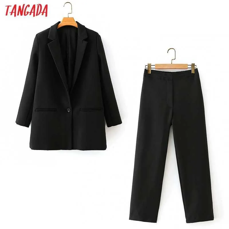 Tangada Zestaw damski czarny garnitur 2 sztuki Zestaw Kobietę Collar Jacket Panie Panties Blazer Spodnie Zestawy DA110 210609