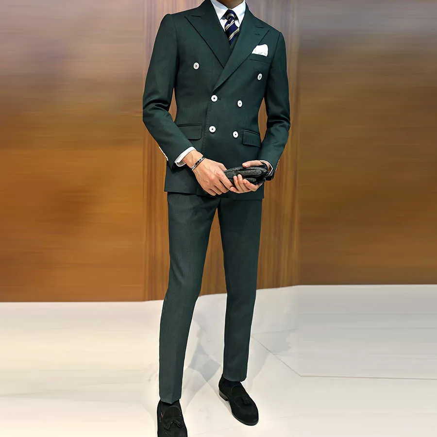 (Jacket+Pant) Luxury Men Wedding Suit Male Blazers Slim Fit Suits For Men Costume Business Formal Party green Classic Black X0909
