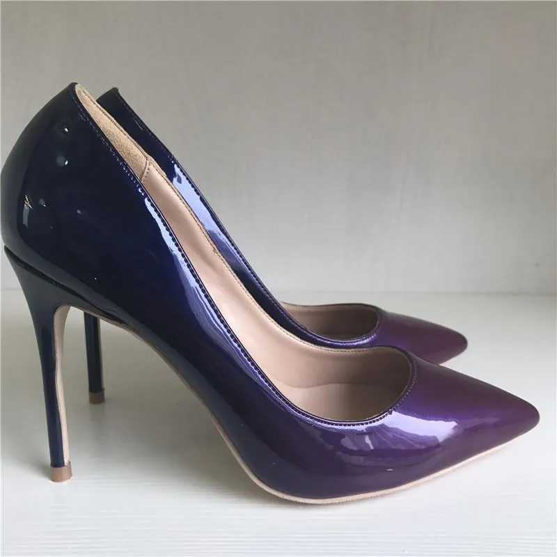 Moda bayan mor mavi patent deri şiir ayak parmağı stiletto yüksek topuk pompa yüksek topuklu ayakkabılar gelinlik