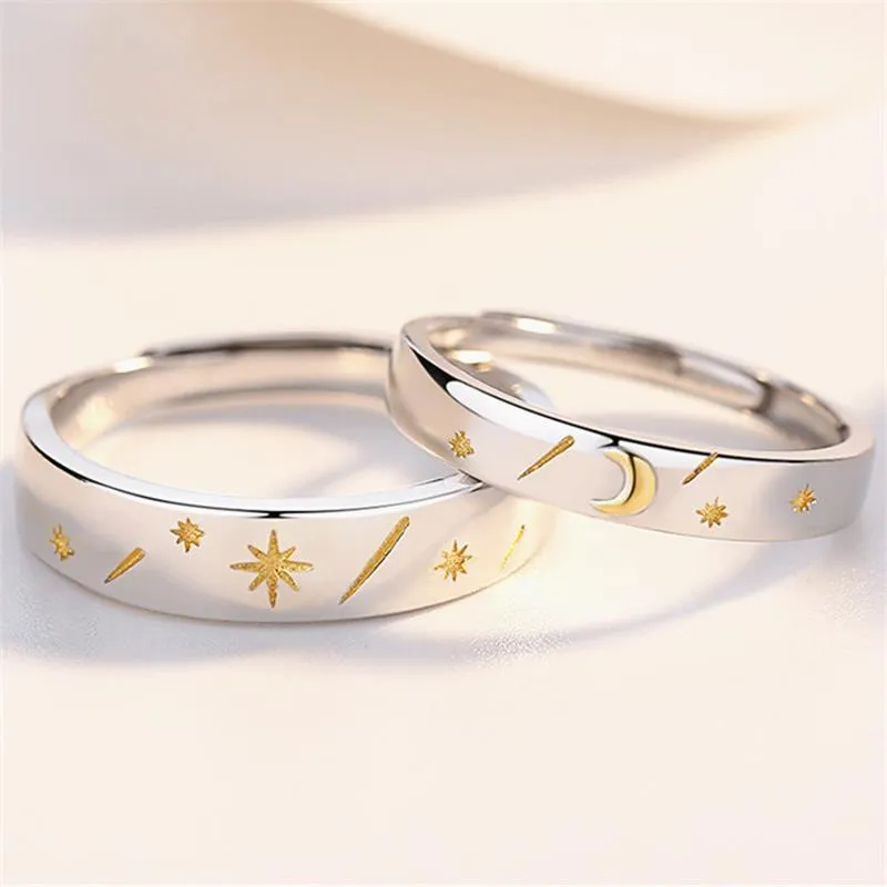 Cluster ringen Sun Moon Star Paar Opening Ring Resizable Simple Fashion Sweet Romantic Golden Valentine's Day Gift Meteor Shower