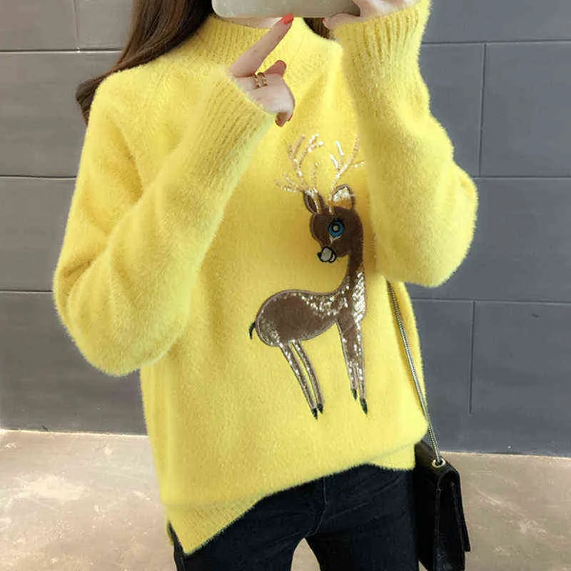 Sweter Kobiety Zimowe Ciepłe Swetry Fluffy Cashmere Jumper Turtleneck Pullover 2021 Cute Sweter Koreański Renifer Brzydkie Boże Narodzenie Y1118