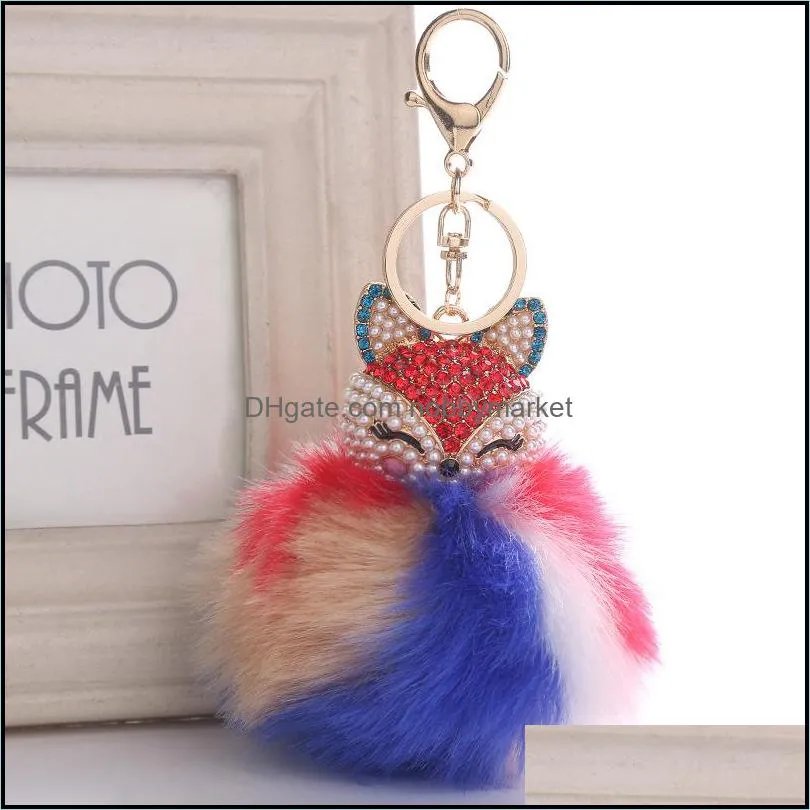 Cute Animal PomPom Key Rings jewelry for Women Fur Ball Rhinestone Keychain Bag Car Keyring Fluffy Keyfobs Holder Party Gift Kimter-B763S