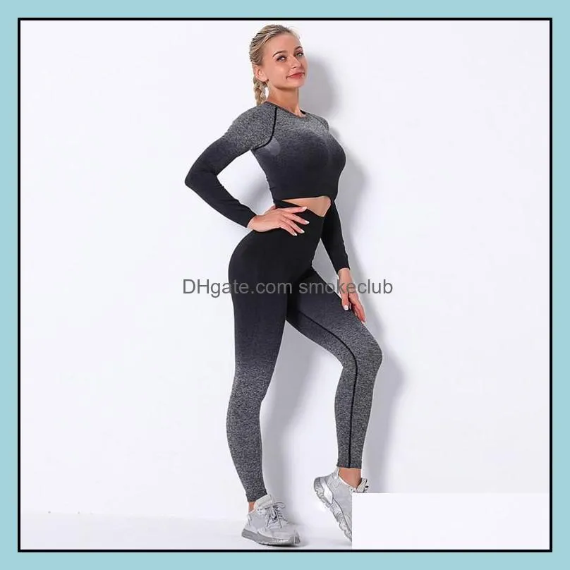 Yoga Outfits Women Autumn Gradient Colour Seamless Knitting Set Gym Tight Elastic Long Sleeve Top +High Waist Leggings Sport Suit