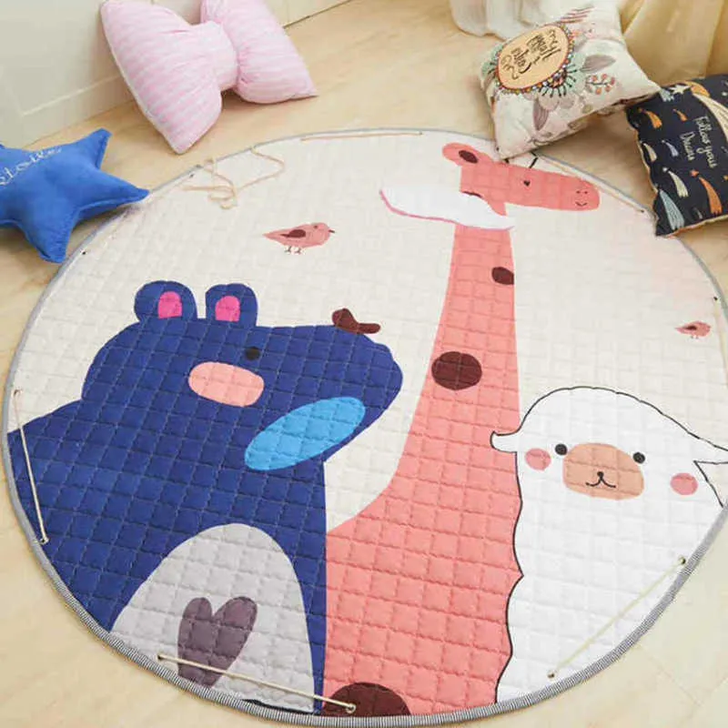 950g Teppich für Kinder Babyspielmatten Lernmatte Kinder Aufbewahrungstasche für Spielzeug 150cm Cartoon Runder Teppich Puzzlematte auf dem Boden 210724