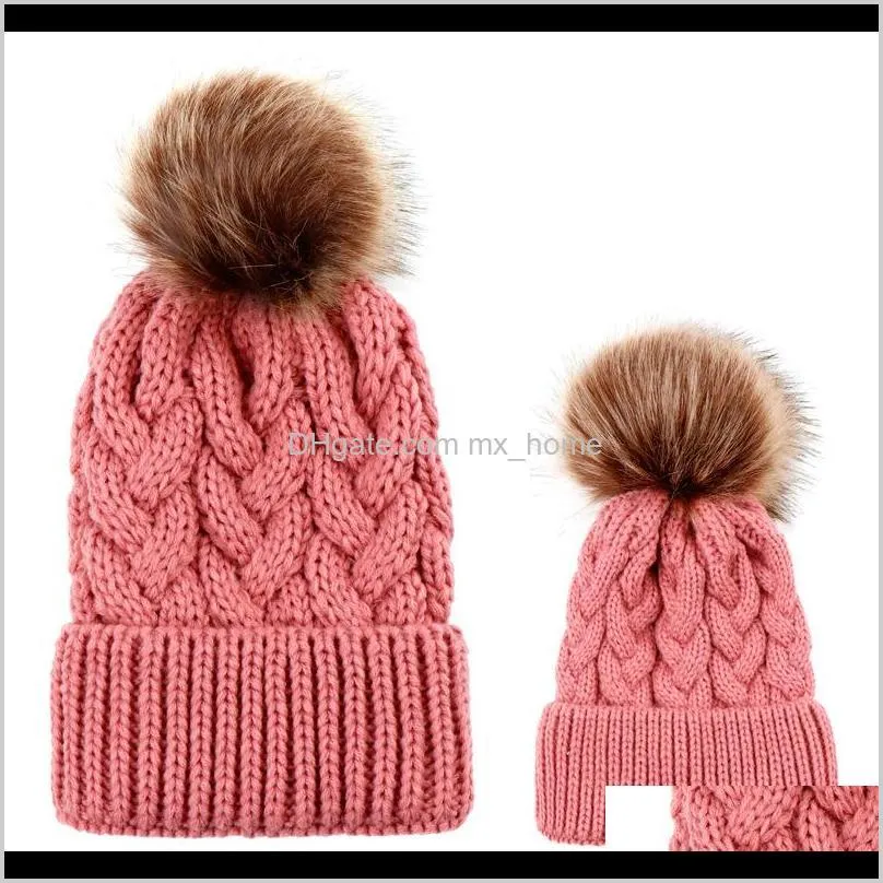 girls mom knitted hats 5 designs winter solid knitting wool bobble winter boys kids hats fashion ski warm hats 04