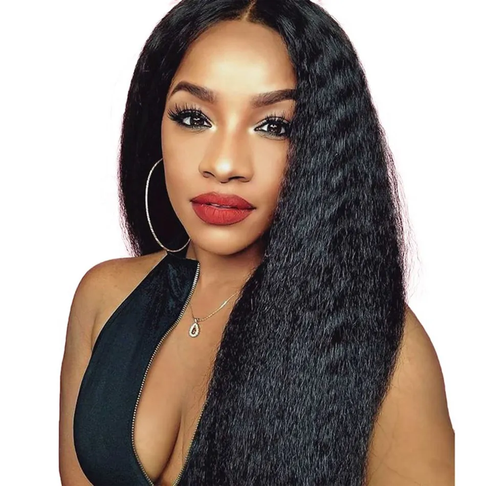 Peruvian Human Hair Coarse Yaki Lace Front Wigs with Baby Hair Natural Color Kinky Straight Wig African American