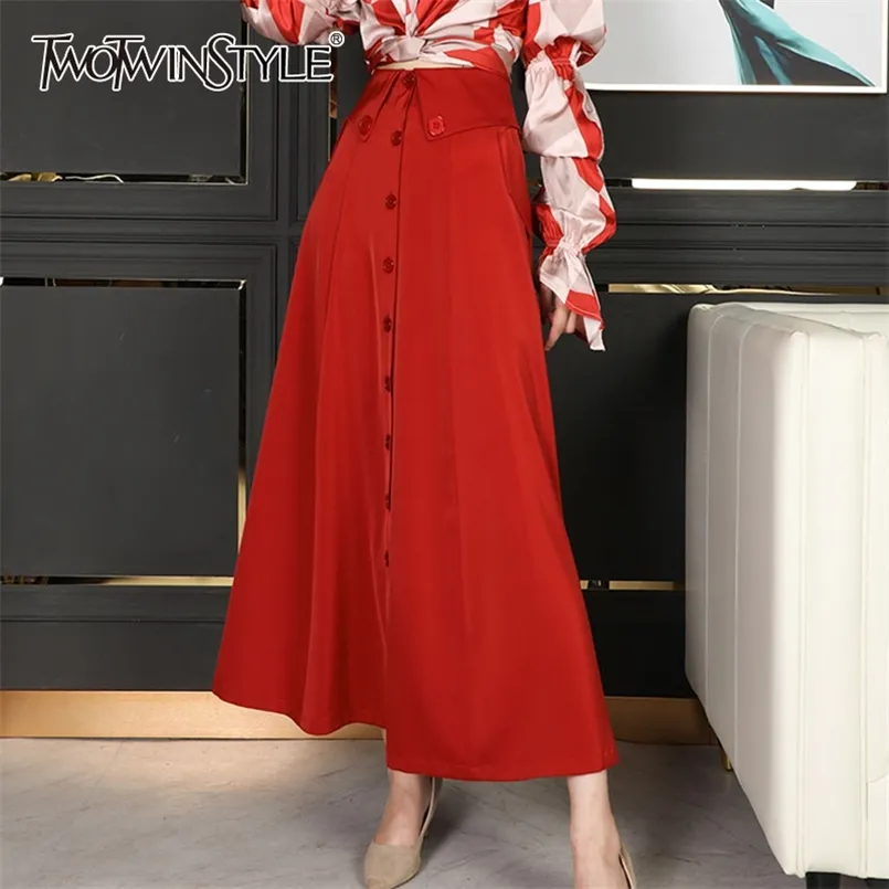 赤いパッチワークボタン女性のためのハイウエストカジュアルミディスカート女性ファッション服春スタイル210521