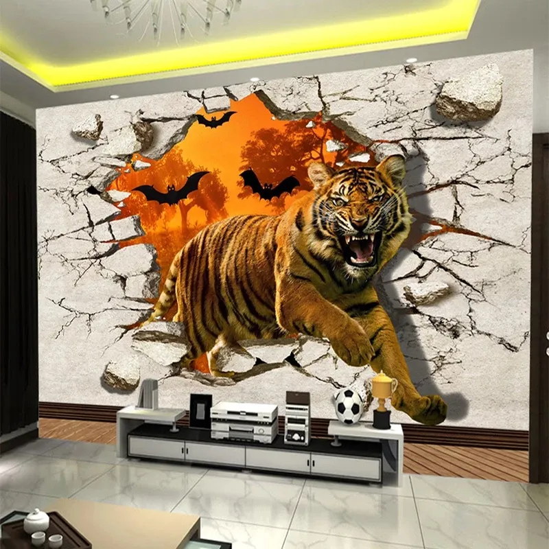 Grand papier peint mural personnalisé peinture Tiger mur brisé 3D salon de séjour TV Walldrop photo mur