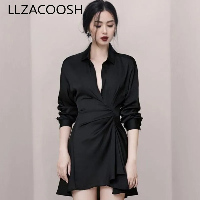 女性秋のターンダウンカラー長袖の女性のシャツのドレスカジュアルなファッションブラックミニドレス210514