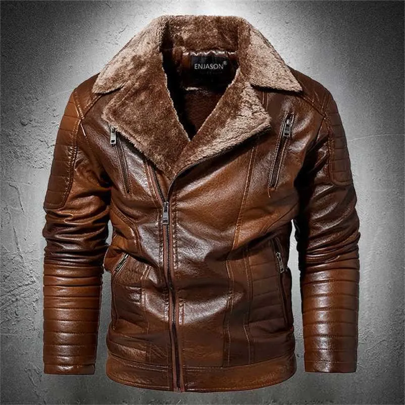 Leather Jacket Men Punk Rock Motorcycle Jacket Men Faux Leather Autumn Winter Fur Lined Thick Warm Vintage Motorbike Jacket Mens 211110