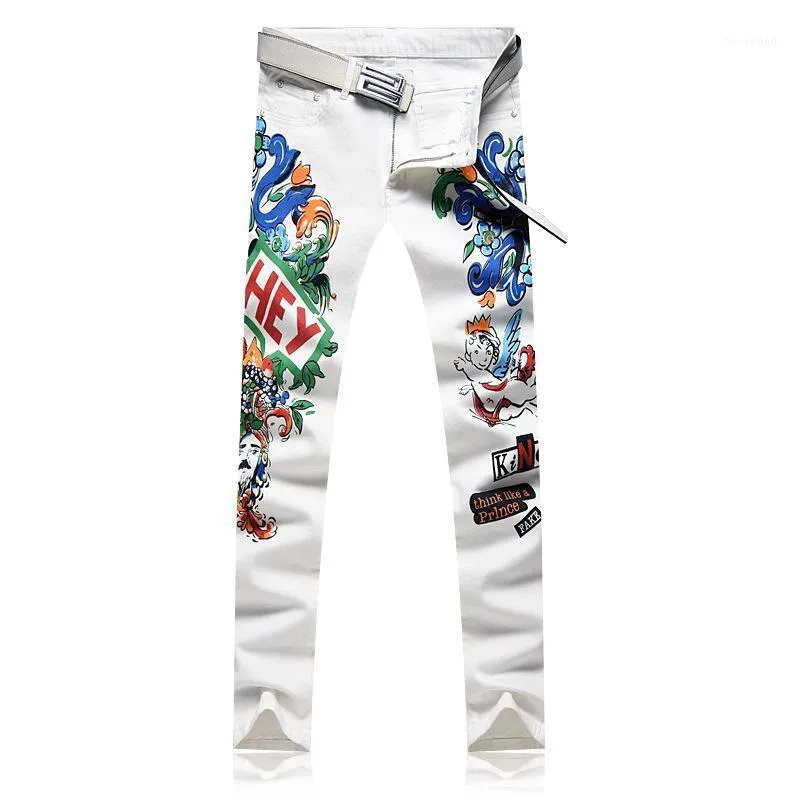 Mäns Jeans Fashion Färgad Blomma Tryckt Vit Slim Skinny Letters Vinkel Målade Stretch Denim Pants1