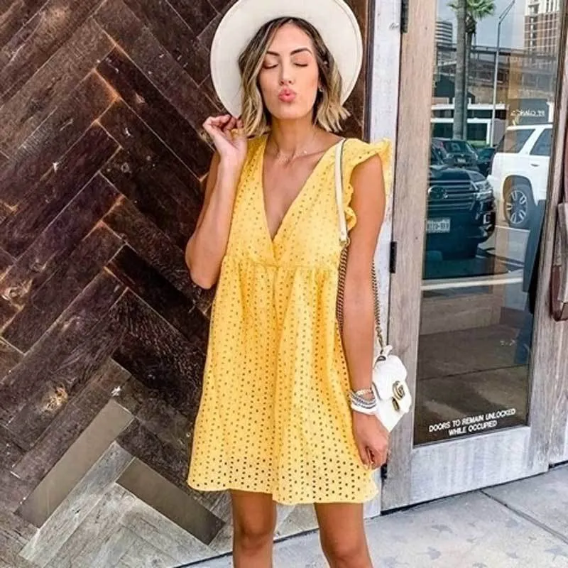 Eyelet Embroidered Ruffle Sleeve Smock Yellow Dress For Women INSPIRED Cotton Loose Fit Plus Size New Summer Collection 210412 From Dou04 17.93 In Bulk DHgate.Com
