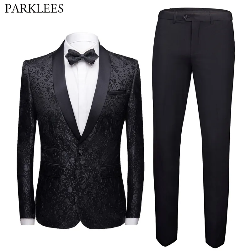 Black Floral Jacquard Men 2 Pieces Suit (Jacket+Pants) Slim Fit Shawl Collar Suit Men Wedding Prom Suits Stage Singer Clothes 210524