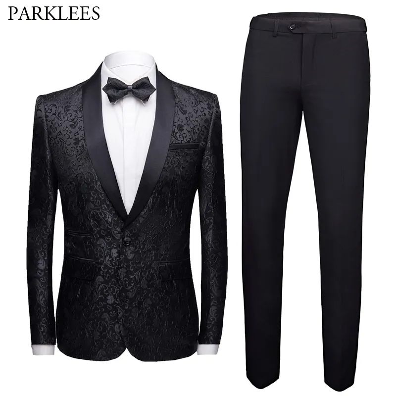 Black Floral Jacquard Heren 2 stuks pak (jas + broek) slanke fit sjaalkraag pak mannen bruiloft prom past fase zanger kleding 210524