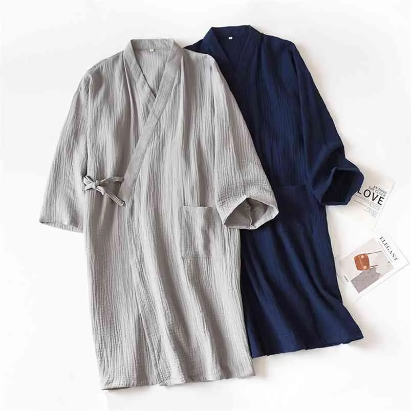 Automne 100% Coton Crêpe Robes Femmes Mince Kimono Japonais Peignoir Solide Demi Pijamas Sommeil Tops Lâche et Doux Robe De Chambre 210901