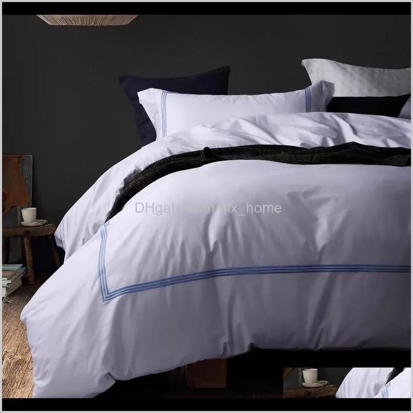 luxury 100% egypt cotton white embroidery 5 stars hotel bed set strip cover sheet cotton duvet long-staple bedding satin line