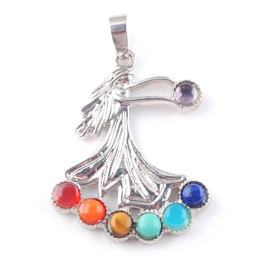 WOJIAER 7 Chakras Natural Stones Goddess Dress Pendants Health Amulet Healing Necklace 18" Length Jewelry Charms Pendant N3266